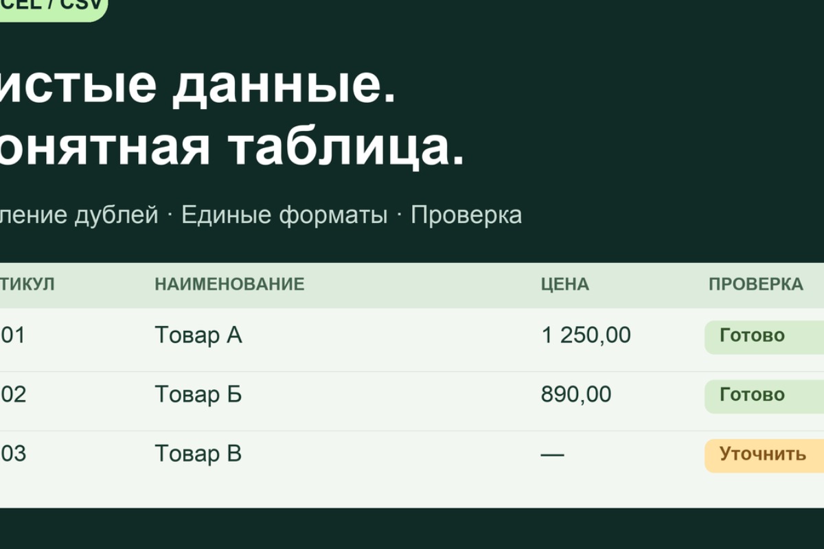 Очистка каталога Excel: 12 → 10 строк. Демонстрация на вымышленных данных