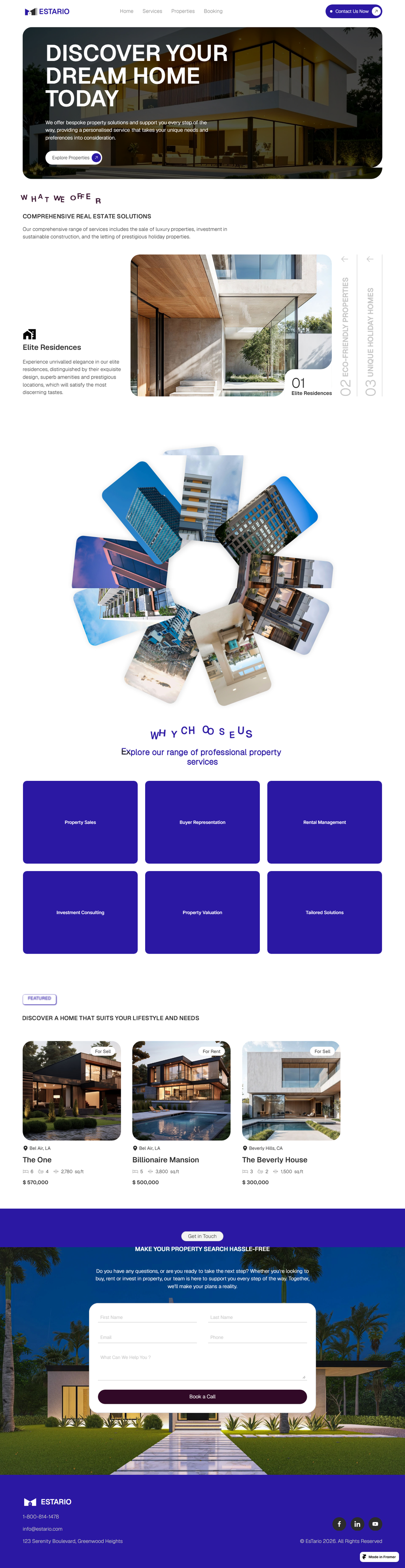 Сайт на Framer для недвижимости - URL: https://estario.framer.website/